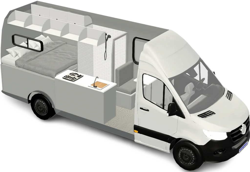 Cutaway view of a fully converted Sprinter van interior with bed, kitchen, bathroom, and seating area.